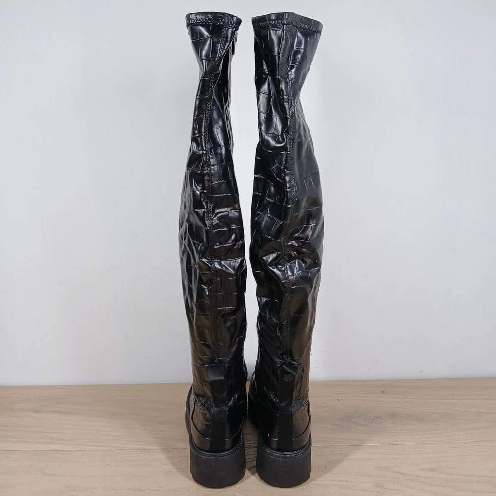Franco Sarto Janna Boots Womens 6 Black Croc Platform Over The Knee High Gothic